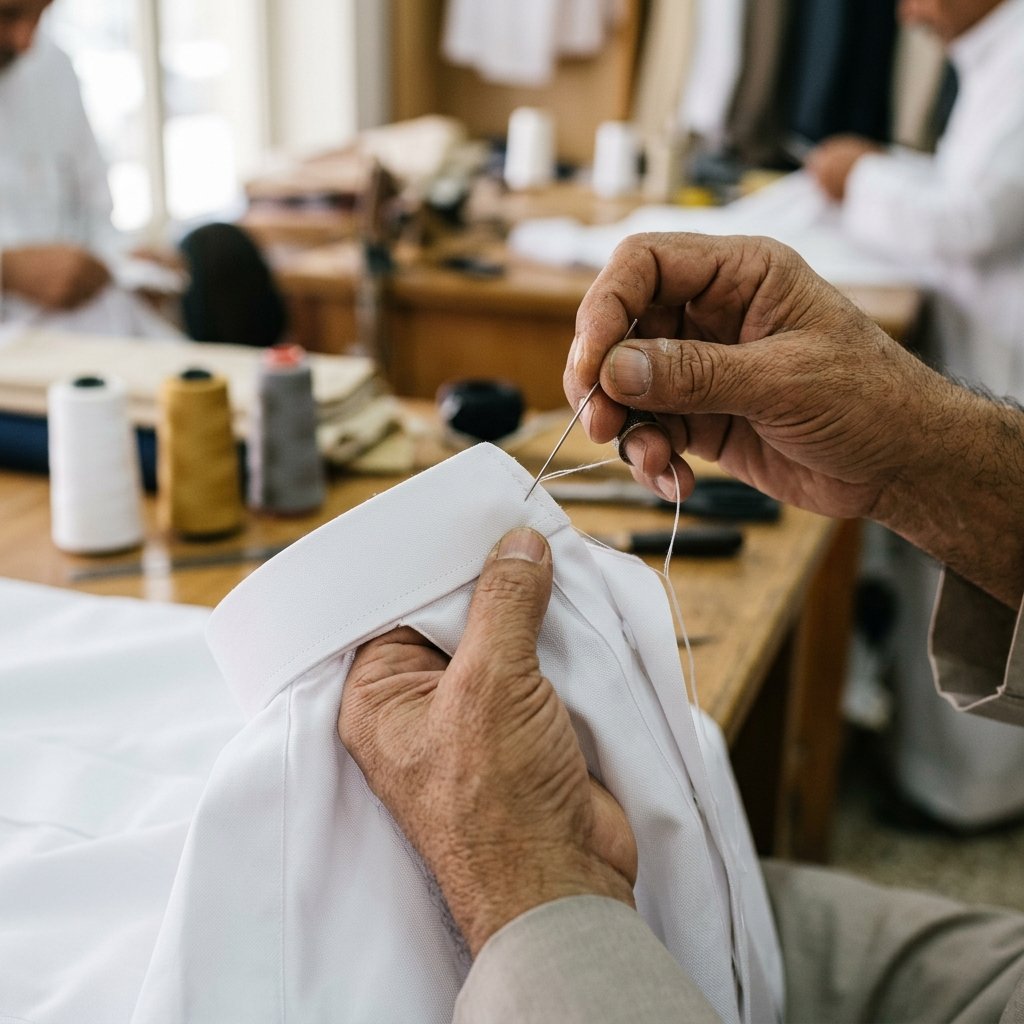 Master artisan hand-stitching luxury Saudi thobe