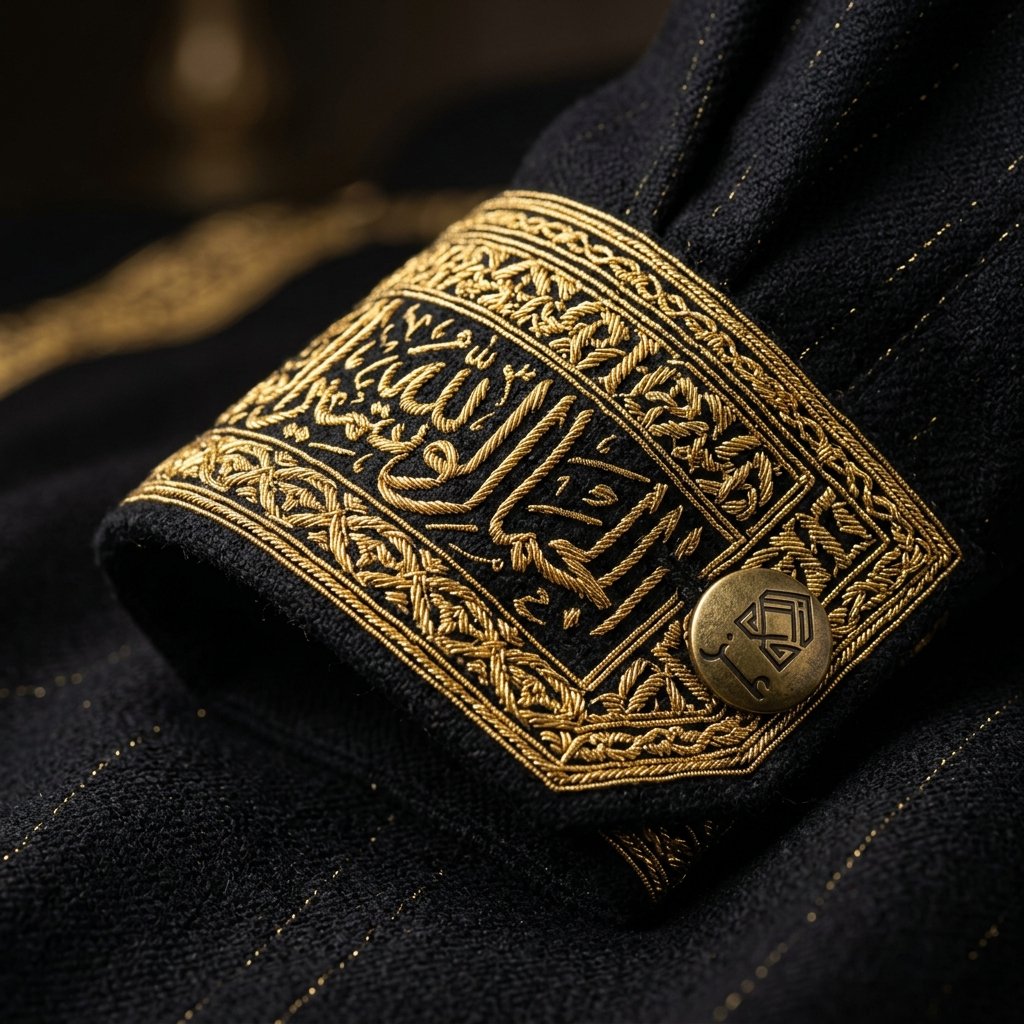 Obsidian thobe cuff with intricate gold calligraphy embroidery